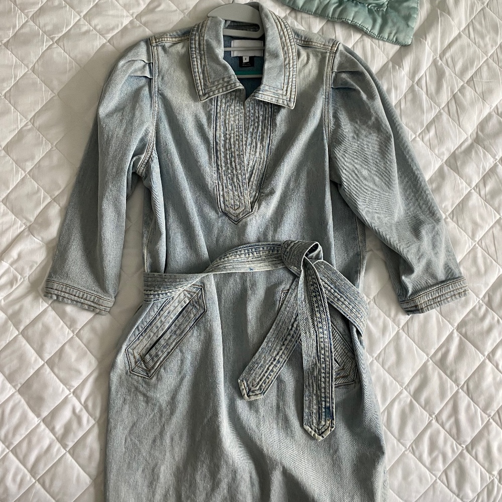 Belted denim mini dress with sleeves